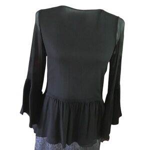100% SILK CHIFFON BLACK BLOUSE WITH BELL SLEEVES AND RUFFLE HEM Size XS